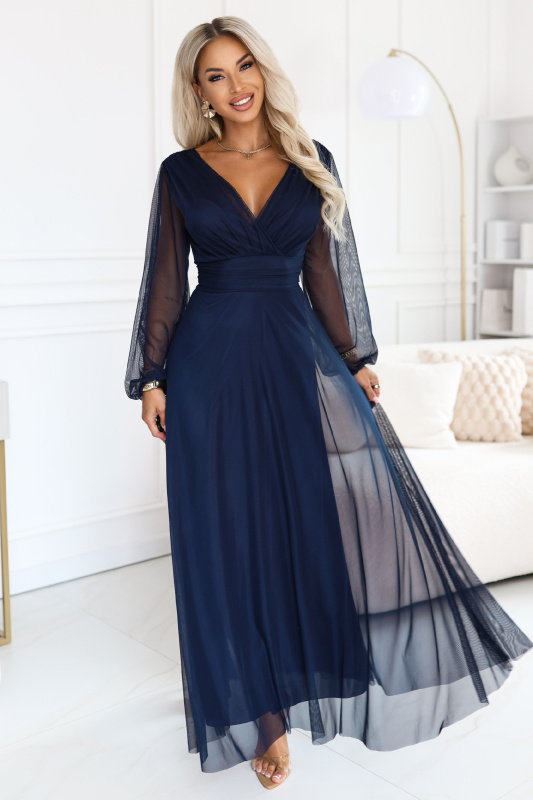 Numoco basic Numoco NERISSA Elegantní tylové maxi šaty se zavinovacím výstřihem - 684-3 Barva: Modrá, Velikost: UNI