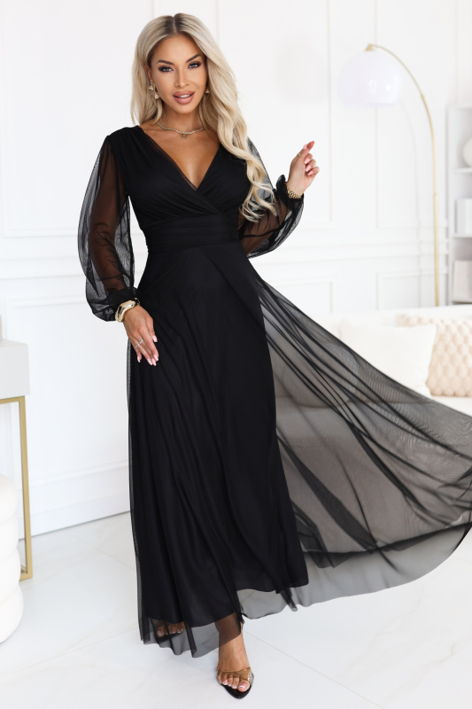 Numoco basic Numoco NERISSA Elegantní tylové maxi šaty se zavinovacím výstřihem -  684-4 Barva: Černá, Velikost: UNI