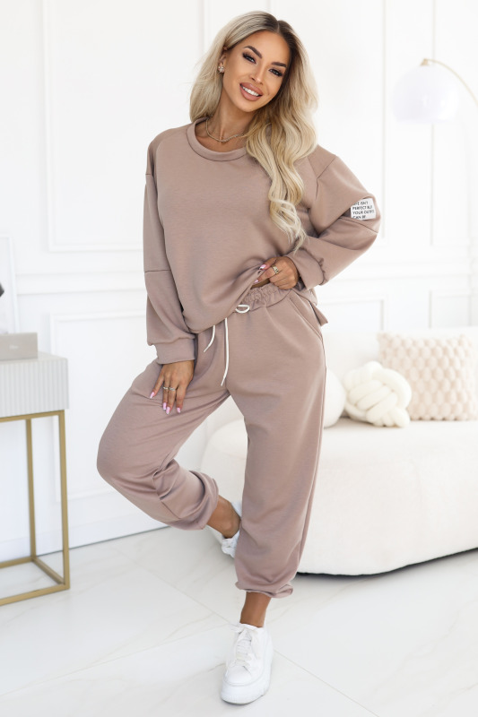Numoco basic Numoco Dámská tepláková souprava s oversize mikinou a kalhotami se šněrováním -  689-1 Barva: Béžová, Velikost: UNI