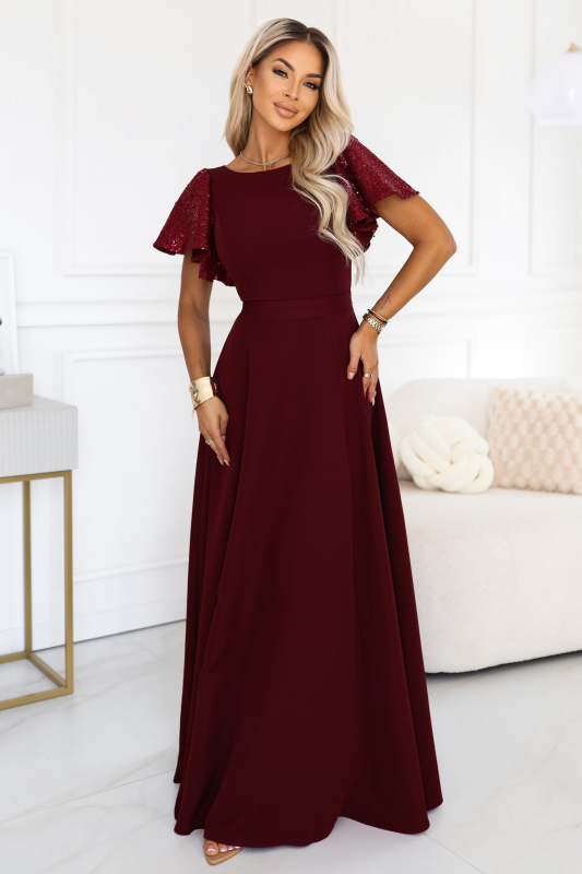 Numoco MIRELLA Elegantní rozšířené maxi šaty s flitrovými rukávy -  694-3 Barva: Bordó, Velikost: L
