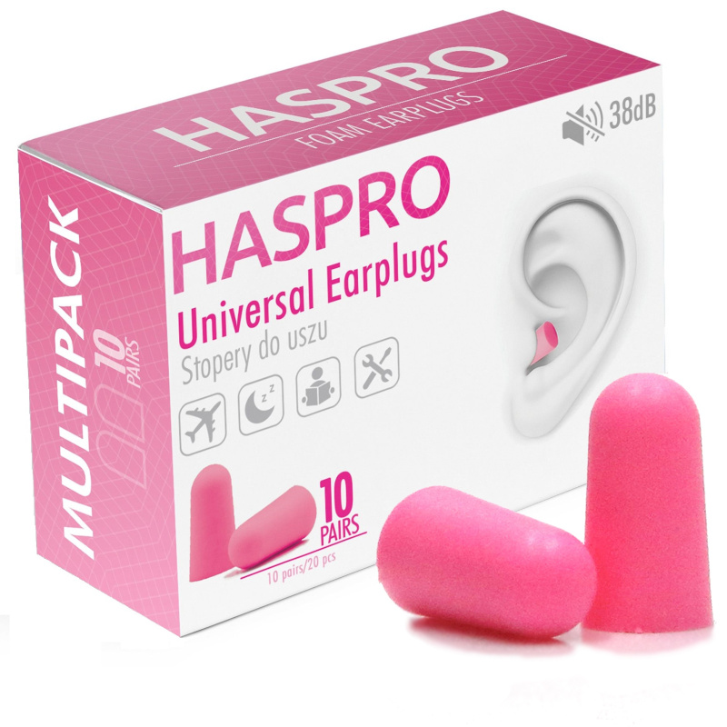 Haspro Universal špunty do uší, pěnové, 10 párů / 20ks, růžové