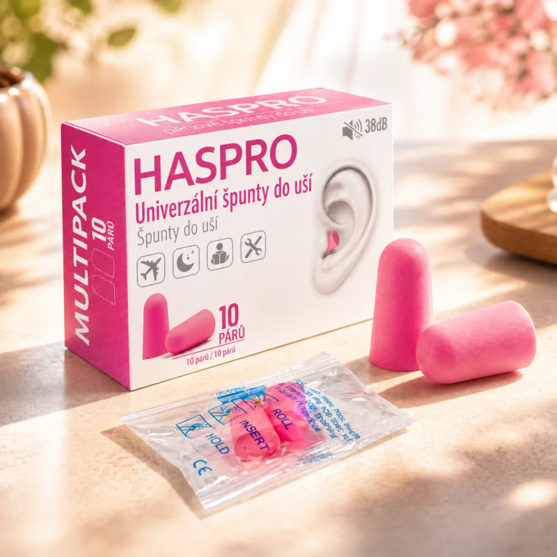 Haspro Universal špunty do uší, pěnové, 10 párů / 20ks, růžové