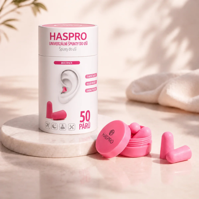 Haspro Universal špunty do uší, pěnové, 50 párů / 100ks, růžové