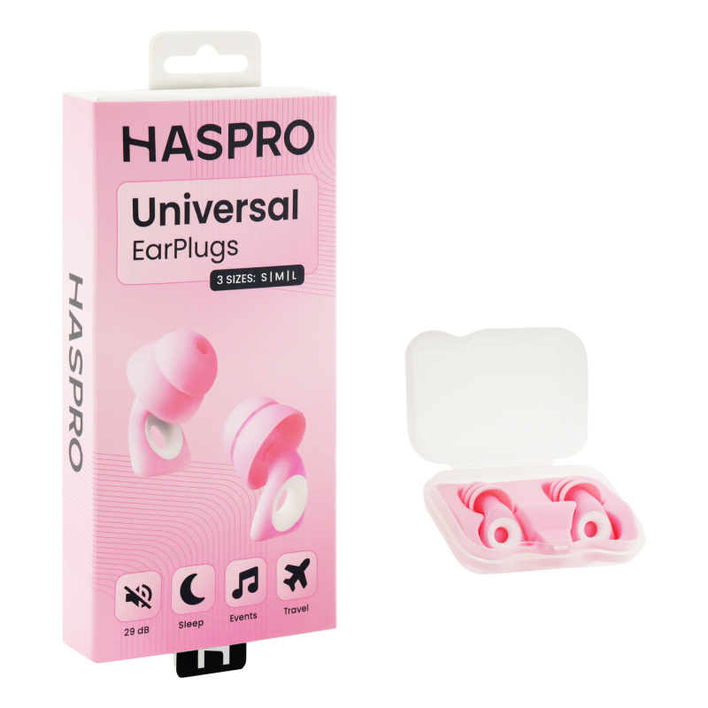 Haspro Univerzální špunty do uší, silikonové, 29 dB, koncovky (S,M,L), růžová