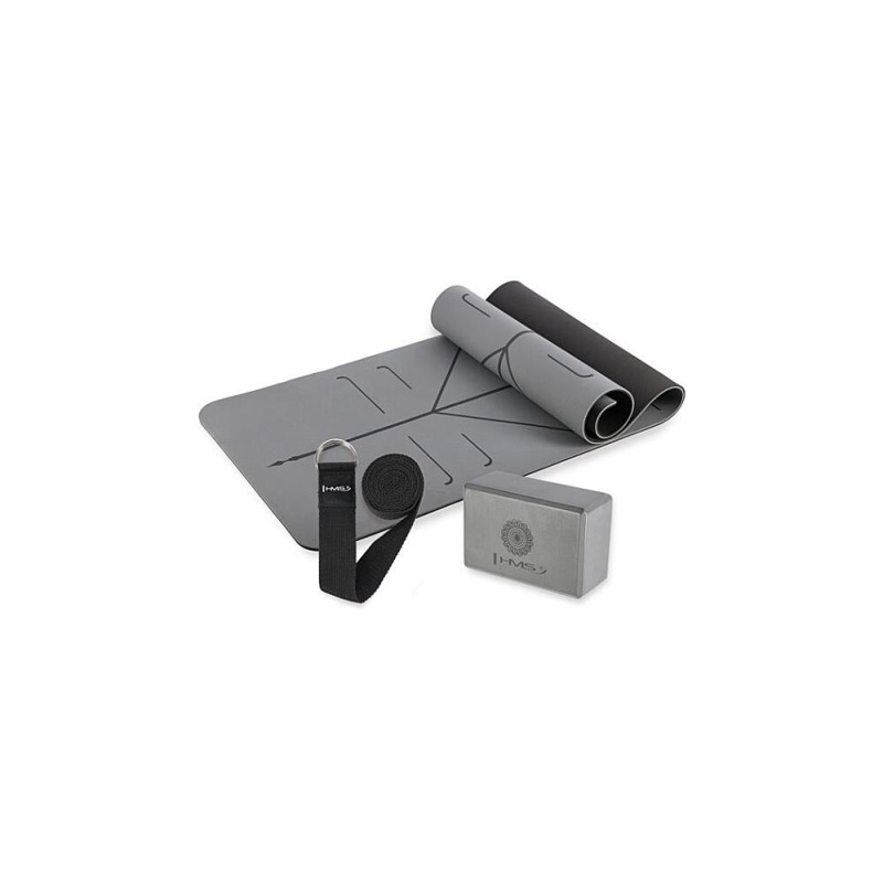 HMS Šedá sada na jógu podložka YM10, jóga blok KJ02 a popruh SJ02