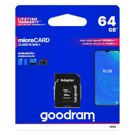 Paměťová karta microSD GOODRAM 64GB CLASS 10 UHS I 100MB/s s adaptérem SD