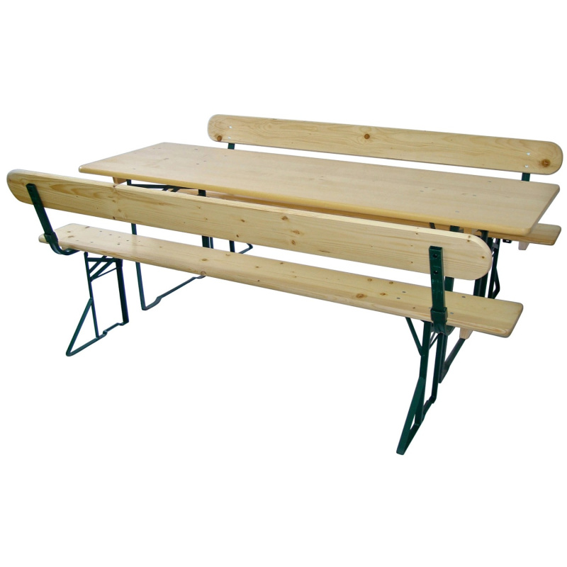 Pivní set se zádovou opěrkou, stůl 220 x 70 cm, bor. dřevo/ocel, 3dílný