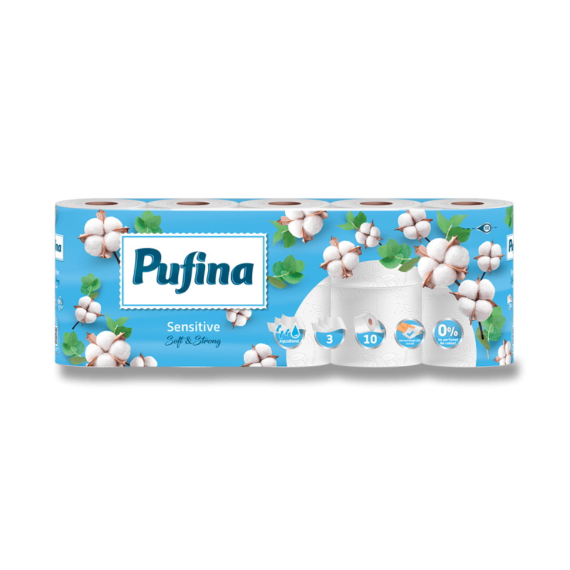 Pufina Sensitive - toaletní papír - 3vrstvý, návin 18,9 m, 140 útržků, 10 rolí