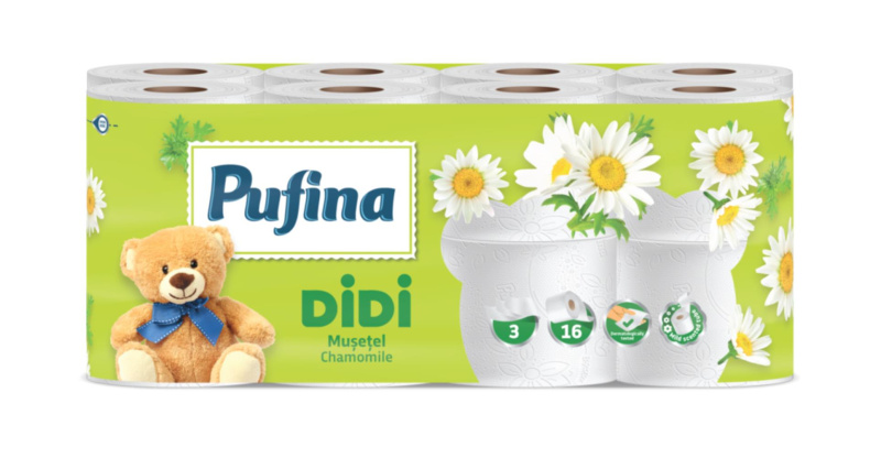Toaletní papír Pufina Didi Heřmánek - 3vrstvý, bílý, 17,6 m, 16 rolí