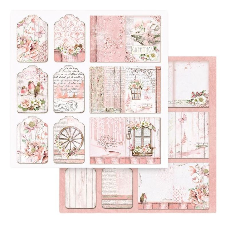 Oboustranný papír na scrapbook (1ks) Růžový s visačkami