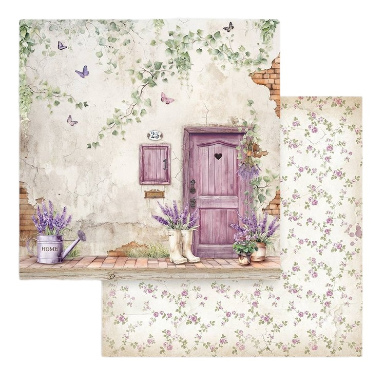 Oboustranný papír na scrapbook (1ks) Levandule a dveře