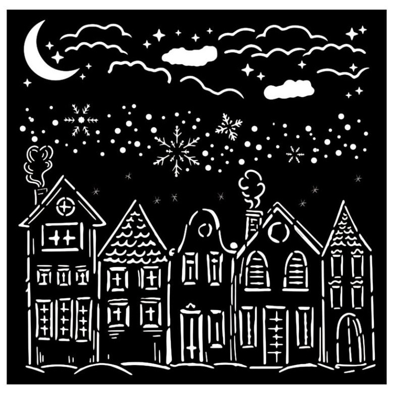 Plastová šablona 18x18cm domy a sněhové vločky