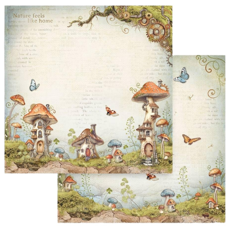 Oboustranný papír na scrapbook (1ks) Houbové domy