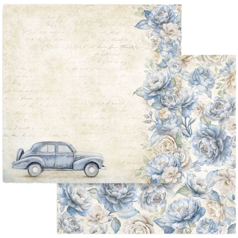 Oboustranný papír na scrapbook (1ks) Květiny a auto