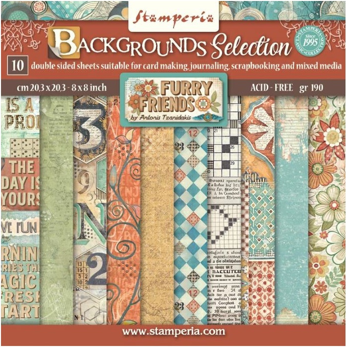 Sada oboustranných papírů 20×20cm Furry Friends (10ks)