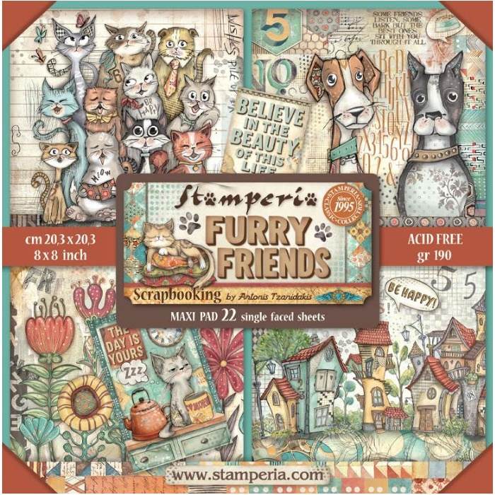 Sada jednostranných papírů 20×20cm Furry Friends (22ks)