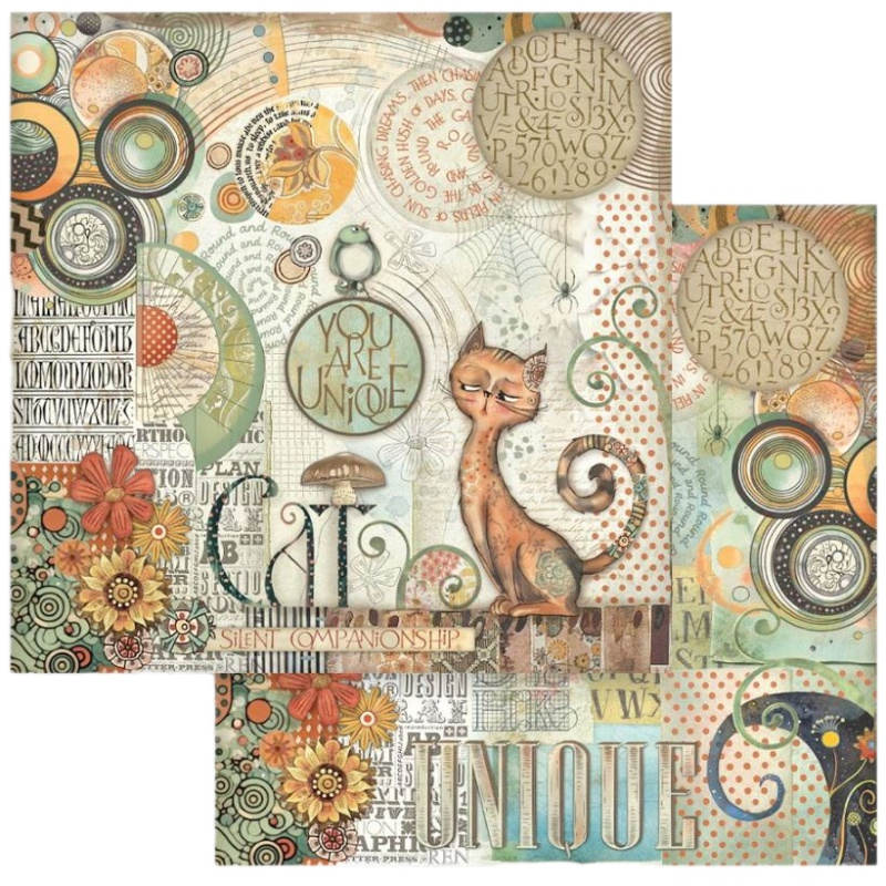 Oboustranný papír na scrapbook (1ks) Kočka a písmena