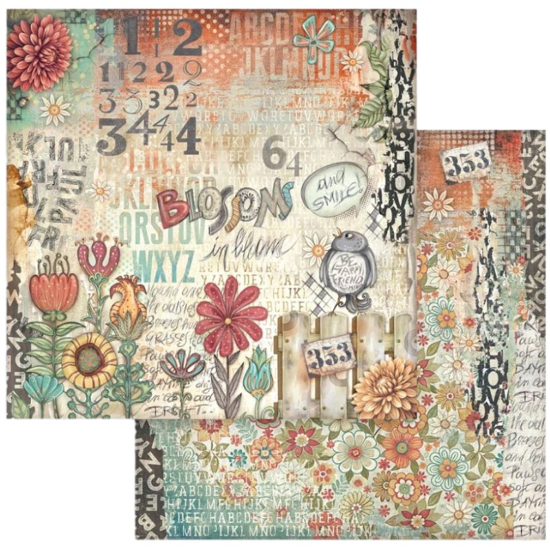 Oboustranný papír na scrapbook (1ks) Květiny a písmena