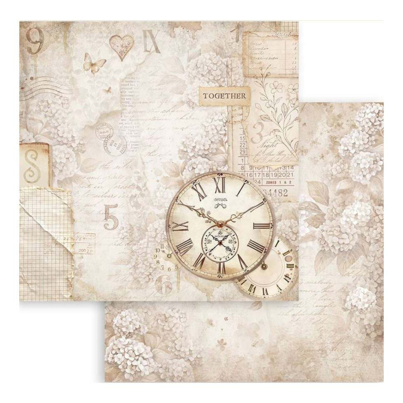 Oboustranný papír na scrapbook (1ks) Hodiny a šeřík