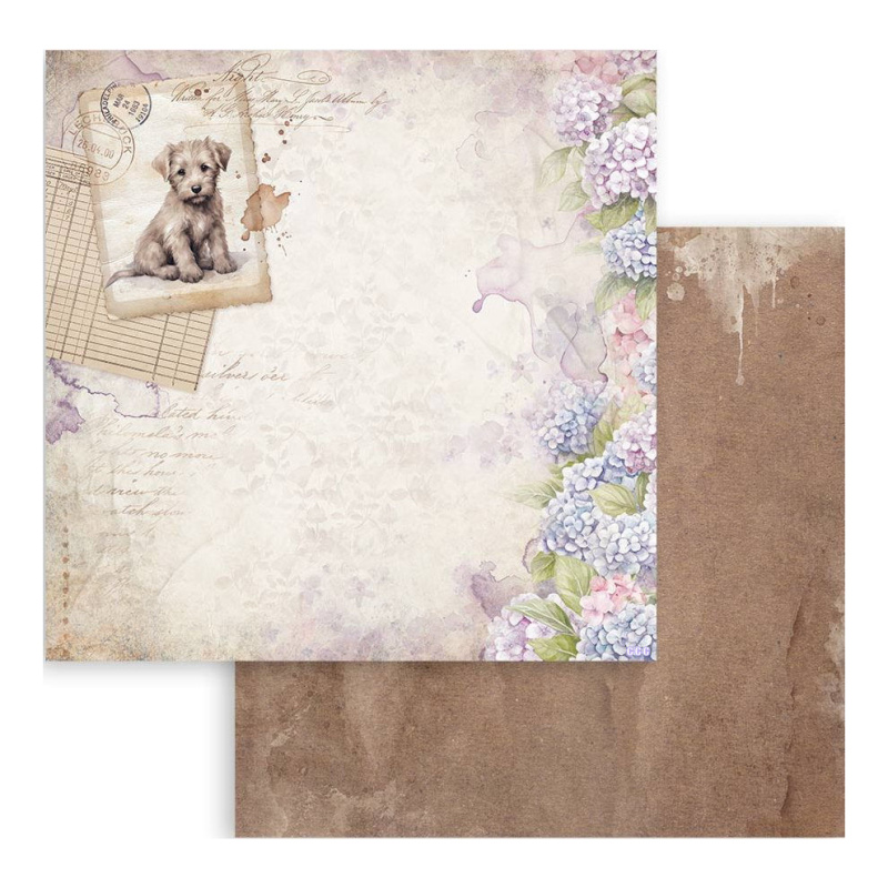 Oboustranný papír na scrapbook (1ks) Pes a šeřík