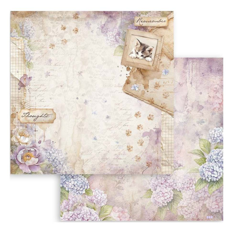 Oboustranný papír na scrapbook (1ks) Kočka a šeřík