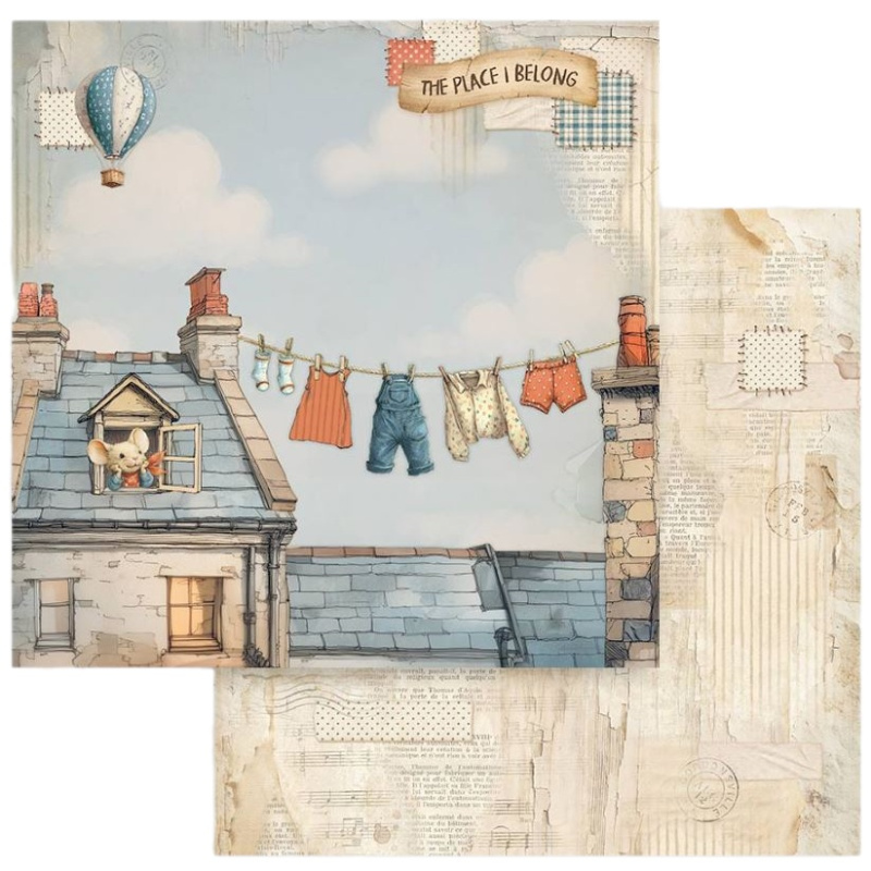 Oboustranný papír na scrapbook (1 ks) Myš a vyprané prádlo