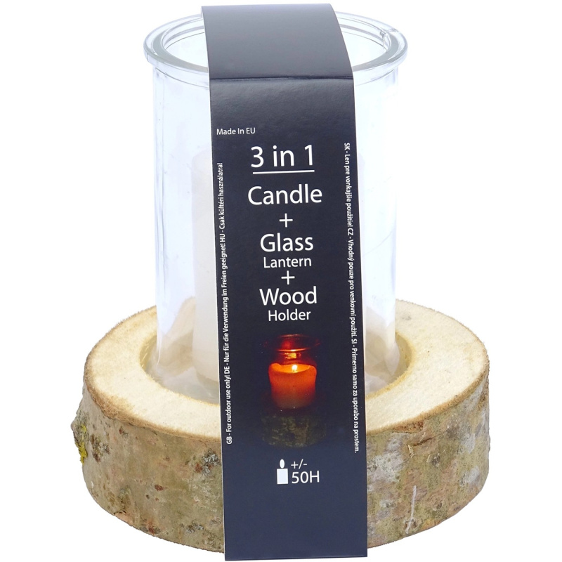 Sunny Garden Skleněný svícen s dřevěným soklem, pr. 15 x 17 cm