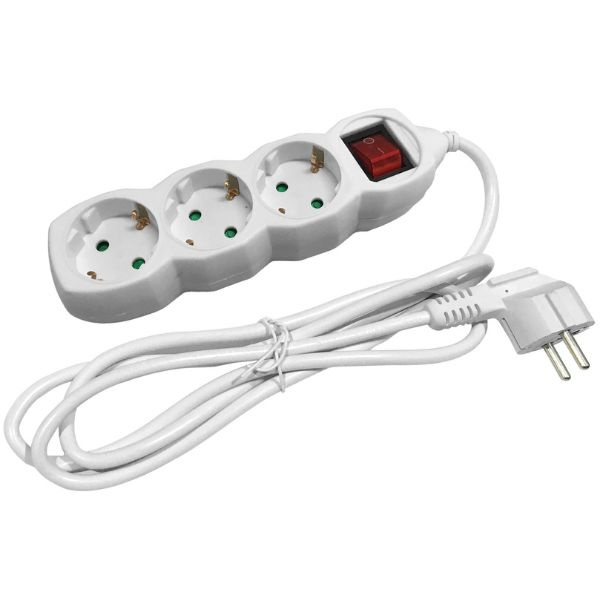 SCHUKO prodlužovací kabel - 3 zásuvky, 1,5m, bílý s vypínačem 3G1.5