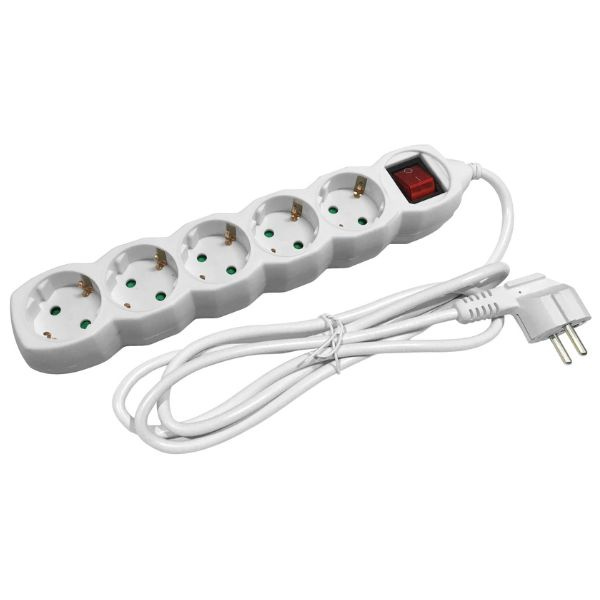 SCHUKO prodlužovací kabel - 5 zásuvek, 1,5m, bílý s vypínačem 3G1.5
