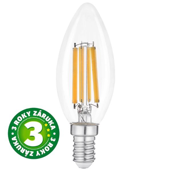 Prémiová retro LED žárovka svíčka E14 6,5W 806lm teplá, filament, ekv. 60W, 3 roky
