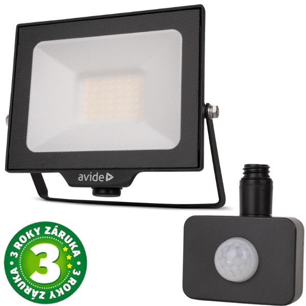 Prémiový ultratenký LED reflektor černý 30W 3000lm, studená, s čidlem pohybu, 3 roky