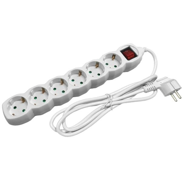 SCHUKO prodlužovací kabel - 6 zásuvek, 1,5m, bílý s vypínačem 3G1.5
