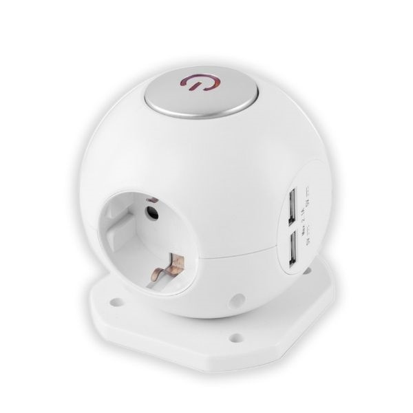 POWER BALL designová prodlužovačka - 3 zásuvky SCHUKO, 2 USB, 1,5m bílý s vypínačem 3G1.5