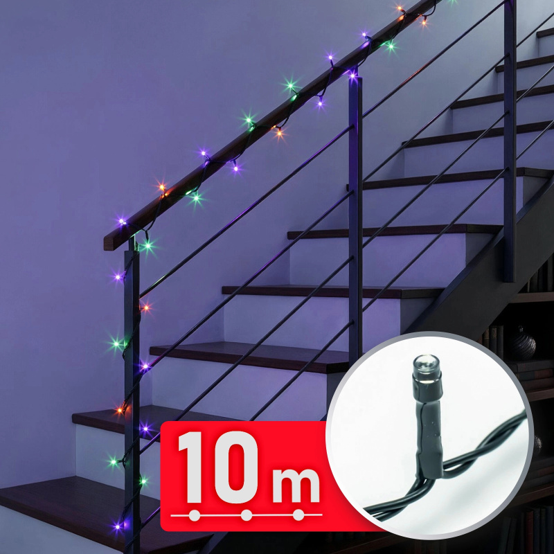 Barevný LED světelný řetěz 10 m, 200 LED, zelený kabel