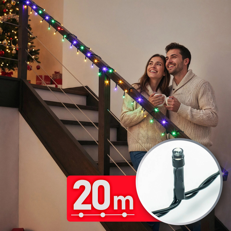 Barevný LED světelný řetěz 20 m, 400 LED se zeleným kabelem