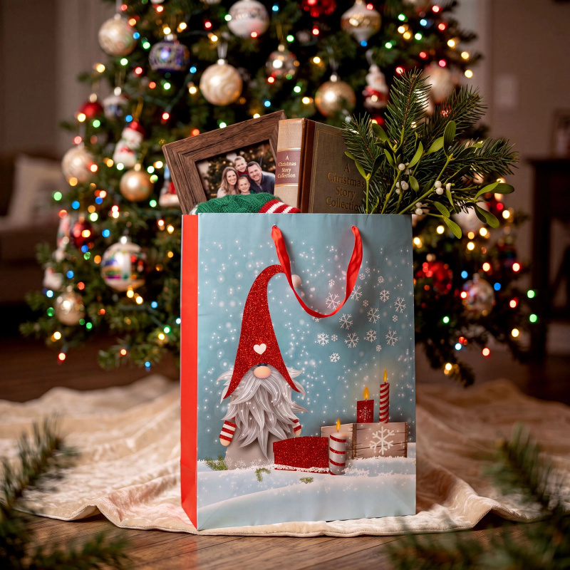 Vánoční dárková taška se skřítkem a třpytkami 31 × 42 × 12 cm - 1 kus