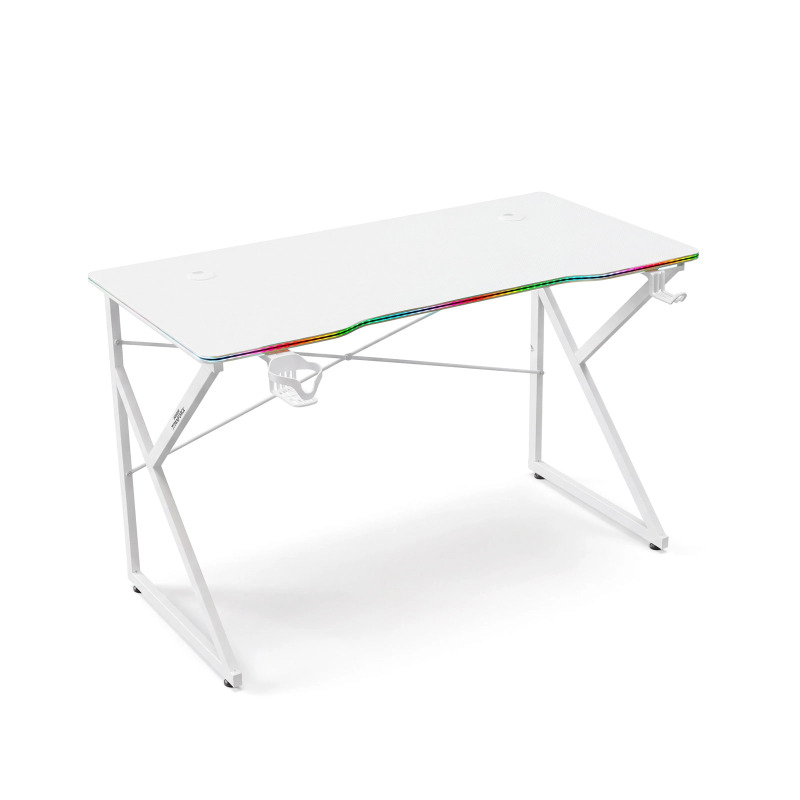 Herní stůl s RGB LED osvětlením, USB a držáky, bílý