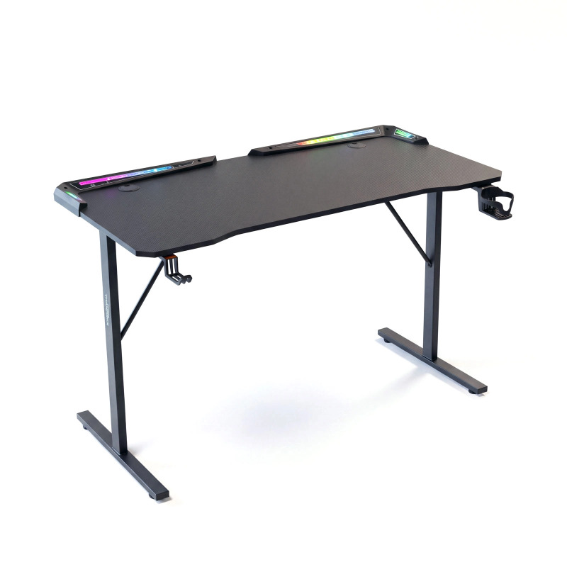 Herní stůl s RGB LED osvětlením, USB a držáky, černý