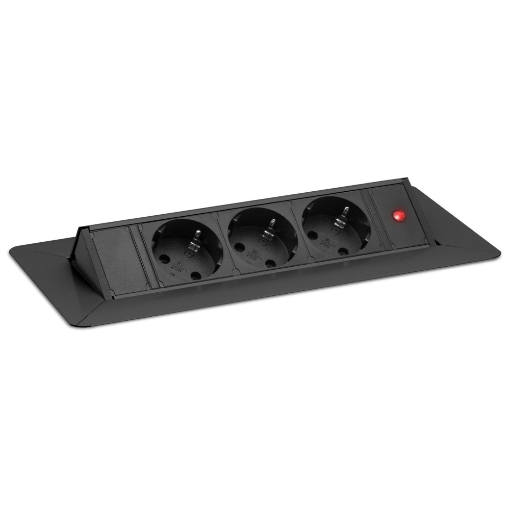 Výklopná vestavná prodlužovací zásuvka se 3 zásuvkami a USB, černá