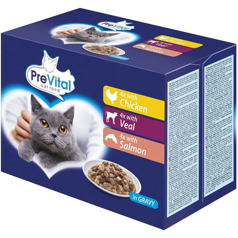 PreVital kočka kuřecí, telecí a losos, kapsa 100 g (pack 12 ks)