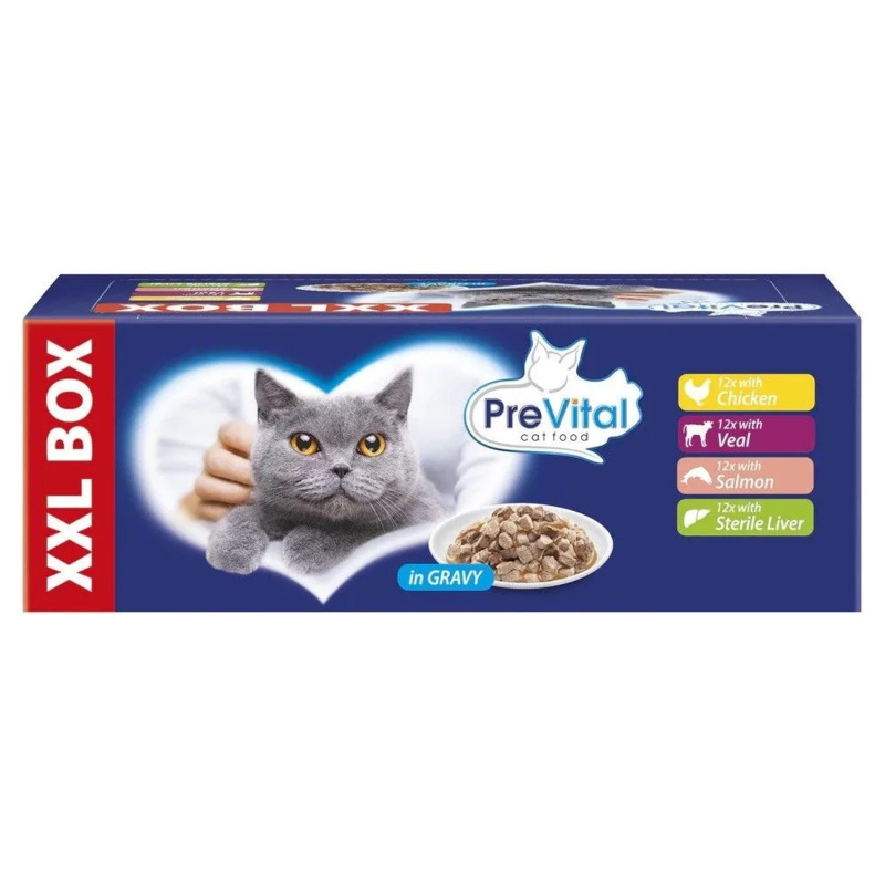 PreVital Kapsičky pro kočky v omáčce - kuřecí/telecí/losos/játra, 48x 100 g