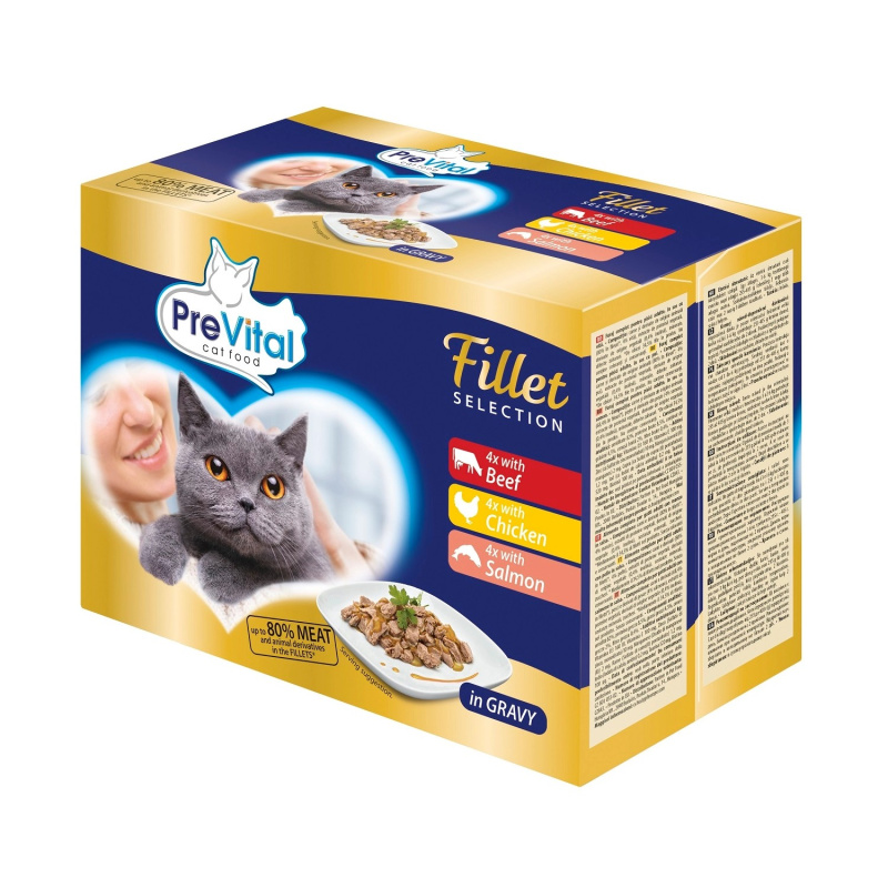 PreVital Fillet Selection kapsičky pro kočky s hovězím, kuřecím a lososem v omáčce 12×85 g