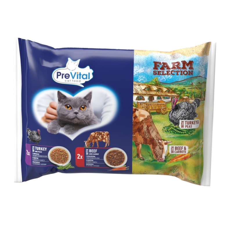 PreVital Farm Selection kapsičky pro kočky s hovězím a mrkví / krůtím a hráškem v omáčce 4×85 g