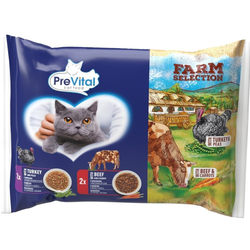 PreVital Farm Selection kapsičky pro kočky s hovězím a mrkví / krůtím a hráškem v omáčce 4×85 g