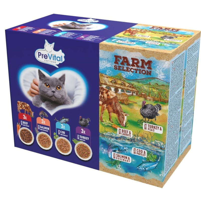 PreVital Farm Selection Kapsičky pro kočky s hovězím a mrkví / lososem a rozmarýnem / krůtím a hráškem / treskou a petrželí v omáčce 12×85 g