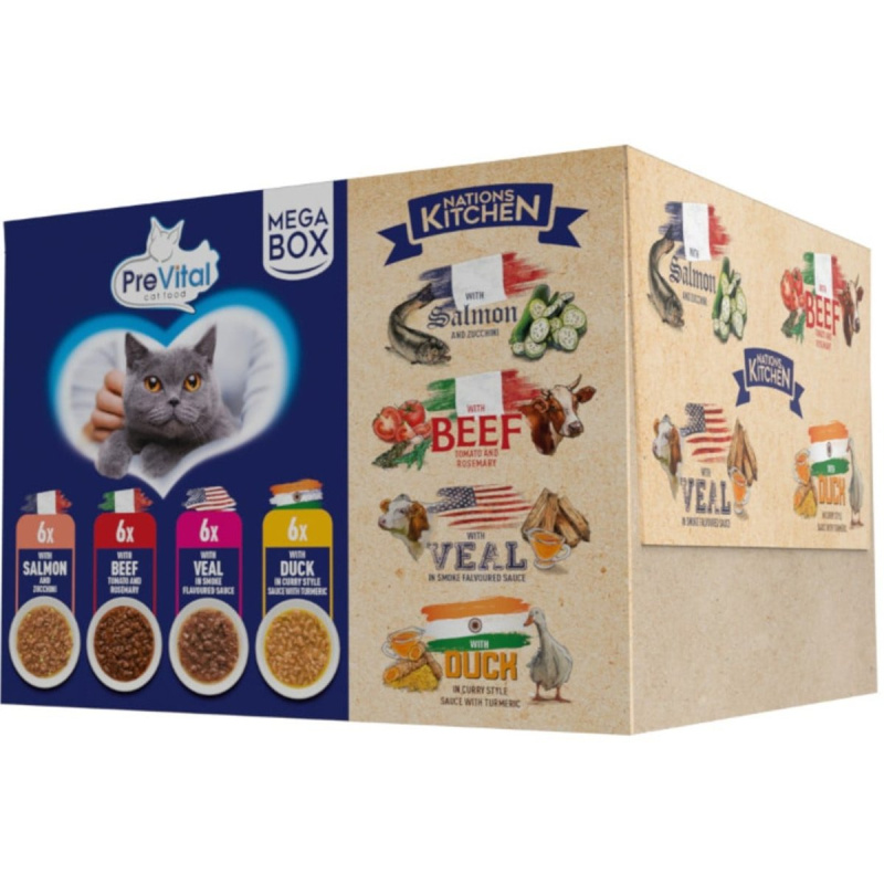 PreVital Nations Kitchen kapsičky pro kočky inspirované francouzskou, italskou, indickou, americkou kuchyní 24×85 g