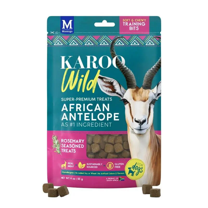 Montego Pet Nutrition KAROO Wild African Antelope ROSEMARY, tréninkové kousky, antilopa s rozmarýnem, 113 g