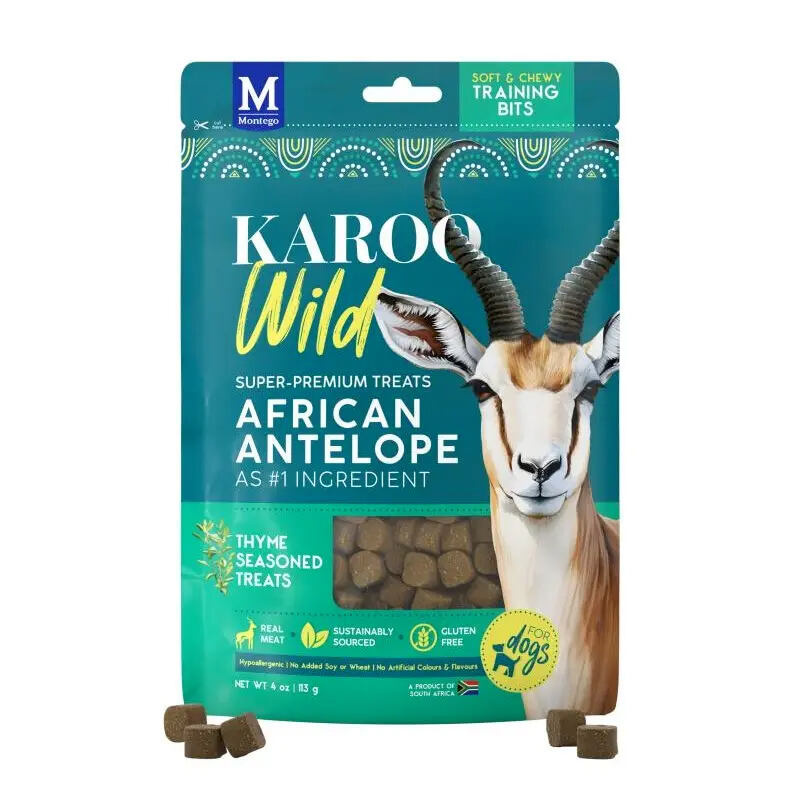 Montego Pet Nutrition KAROO Wild African Antelope THYME, tréninkové kousky, antilopa s tymiánem, 113 g