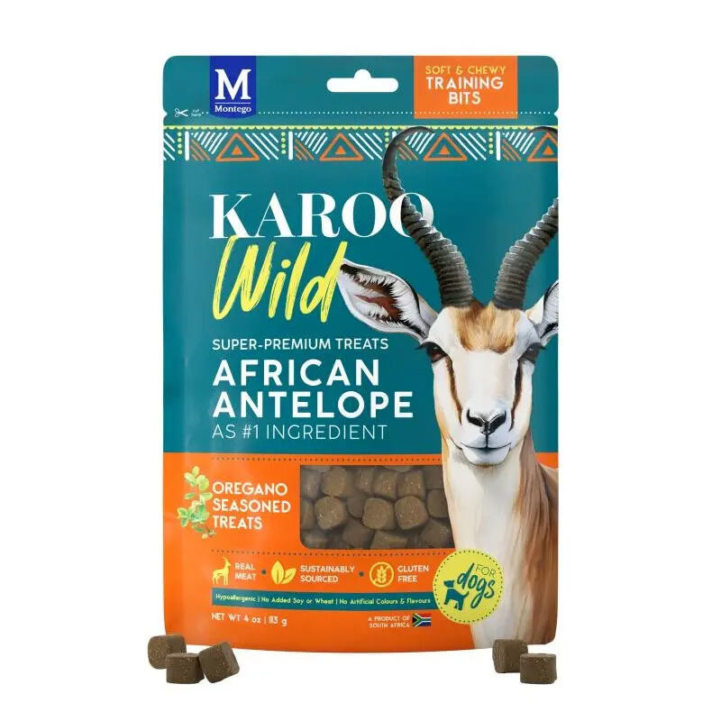 Montego Pet Nutrition KAROO Wild African Antelope OREGANO, tréninkové kousky, antilopa s oreganem, 113 g