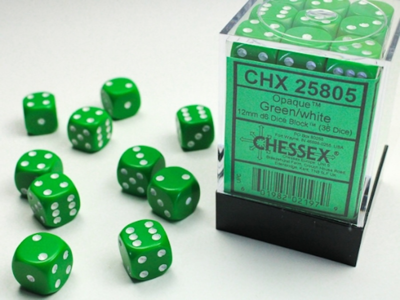 Sada kostek Chessex Green w/White 12mm D6 Dice Blocks (25805) - 36 ks